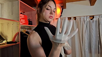Sloppy blowjob and cum on latex gloves fetish