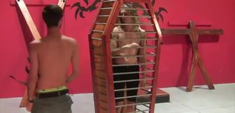 Caged boy begs his master to grant him cock in every hole