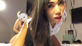 Curvy teen ladyboy Mos in uniform fucks guy to return the favor