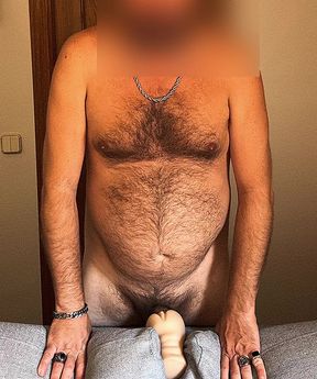 Fat and hairy Spanish fucks his toy with his small cock