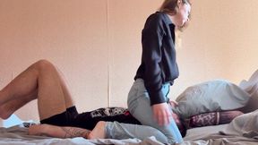 Angry GF Jeans Humiliation: Facesit &amp; Dry Hump Punishment
