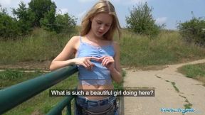 Public Agent Horny blondes tight body fucked for cash in forest