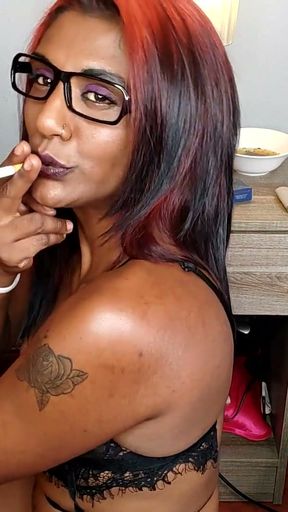 Desi in your hotel room, smoking a cigarette and sucking your cock   Clip 2