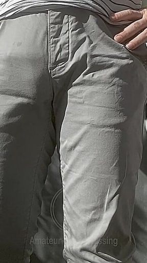 Jules Wets His Grey Pants and Exposes His Semi-hard Cock Through His Trousers