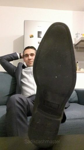 Your boss at home after work 1 : worship my dress shoes, my black socks and my foot