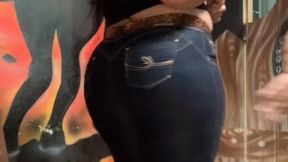 hot black haired brazil latina Cristina in skintight blue Xtracharmy Jeans and high heels