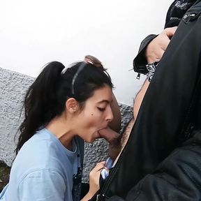 Risky public in the street blowjob with cumshot in the mouth and they almost caught us