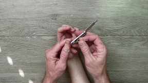 older hands trim natural little fingernails pov