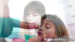 Tiny temptress sucking down thick shaft with eager mouth