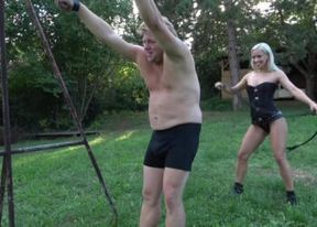 Cruel blonde domina, Nesty whipping and spanking sub outdoor