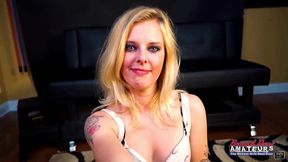 skinny inked blonde mya blows a juicy dick to get pounded and jizzed!