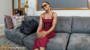 Teen ebony model rides big white cock POV