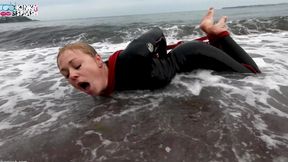 Hogtied in a Wetsuit - Rope Bondage Escape Challenge on the Beach