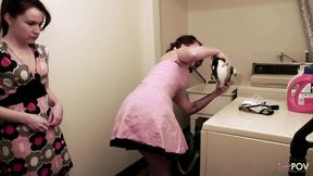 Tattooed lesbian neighbor gives brunette a messy back door fingering and licking
