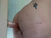 Anal dildo standing doggy style with hands-free orgasm