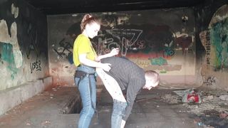 Femdom Mistress strap on rough her slave outdoor scary abandoned bunker