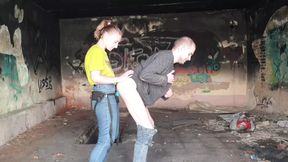 Femdom Mistress strap on rough her slave outdoor scary abandoned bunker