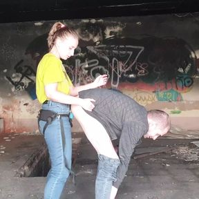 Femdom Mistress strap on rough her slave outdoor scary abandoned bunker