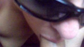 Blonde party slut in sunglasses deepthroats my shaved cock with joy