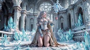 Silver-Haired Ice Queen! Kneeling in the Frozen Castle, her cold armor hides so many secrets. Hand on chest, biting lips...