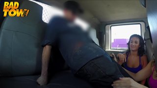 Babes show tow truck driver different techniques of sucking