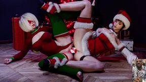 Tight Bald Pussy Eve and 2b Double Dildo Anal Fucking, Surprise Christmas Squirting Slut as a Present