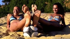 Sporty girls Anastasia and Olivia with big feet and a ball on a public beach (Part 2 of 6) #20211105