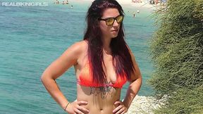 Slutty chick in bikini Charlotte P is flashing saggy small tits