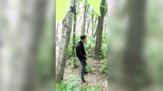 Bad boy jerks while smoking cigarette in a forest - almost caught - so his balls stay full