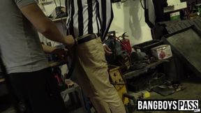 Mature man bent over and drilled by car shop workers