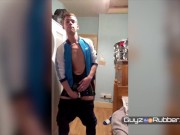 Distant Rubber Solo sees chav undress to reveal his tight rubber gear. Wanking, fleshlight & cum etc