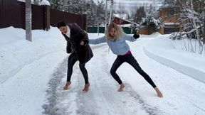 Girls in high heels flip flops walking on snow, high heels on ice, slippery high heels, sliding high heels