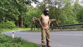 Jerking off in Public on the Road Near a Spring, Caught by a Young Man Masturbating Completely Naked
