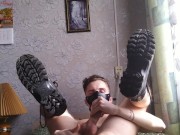Twink fingers himself in army boots
