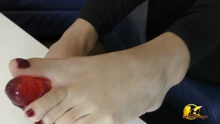 In blue high heels shoe play and next feet job with red dildo