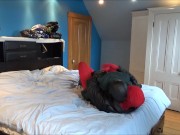 red morphman in leather jacket cums on dummy's face