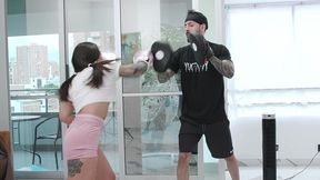 behind the scene from hot boxer hannah jones fucks her boxing coach and his friends after a tough work out, rough fucking with dap 0% pussy and pee drinks from five big cocks