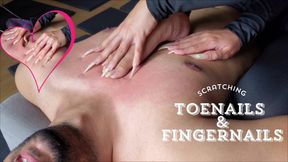 Different angle of Chest and nipple scratch with fingernails and toenails! Natural nails stiletto shaped