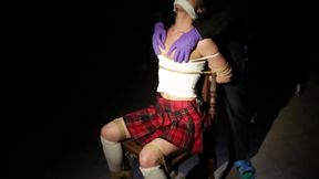 They tied her to a chair, gagged her mouth with pantyhose and climbed deep into her shorts.