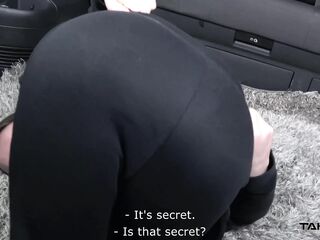 Slender tramp is shaking her petite melons on a huge knob in the van