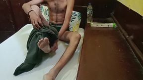 I am doing a handjob while sitting on the bed in the afternoon.