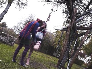 Outdoor Slavery Shibari Suspension - Tattoo slender Angel in ropes on a tree