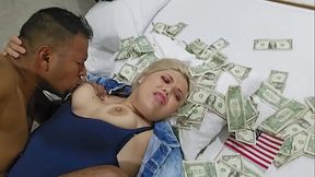SUCKING MY BLONDE BITCH'_S TASTY TITS ON A BED FULL OF DOLLARS.