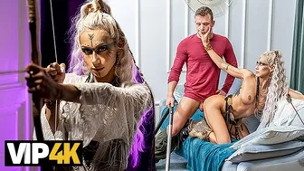 Blonde Amazon woman with tattoos gets freeuse sex