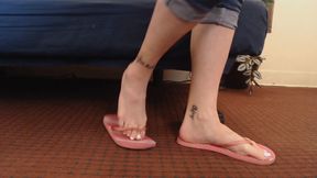 White Toenails Shoeplay Pink Flip Flops