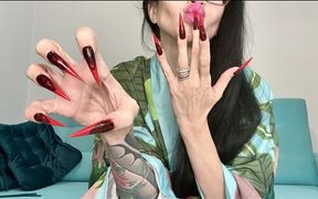 Red Color Long Nails, Sharp Stilettos, Palms, Long Fingers and Hands Worship, Lingerie and Silk Robe on Me