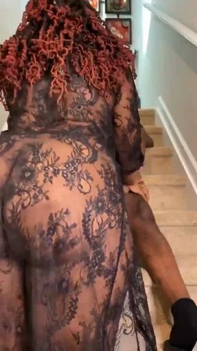 Dick sucking on the stairs with my ass in the air, pussy print showing