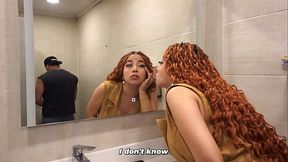 Distracted busty redhead ends up in the men'_s bathroom and can'_t resist seeing a big dick
