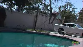 Latina babe gets fucked hard on the couch after sunbathing by the pool