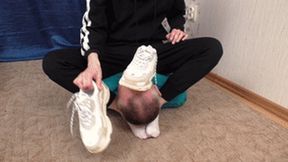 Bad girl in sports suit puts Balenciaga shoes on male, vf1966h 720p